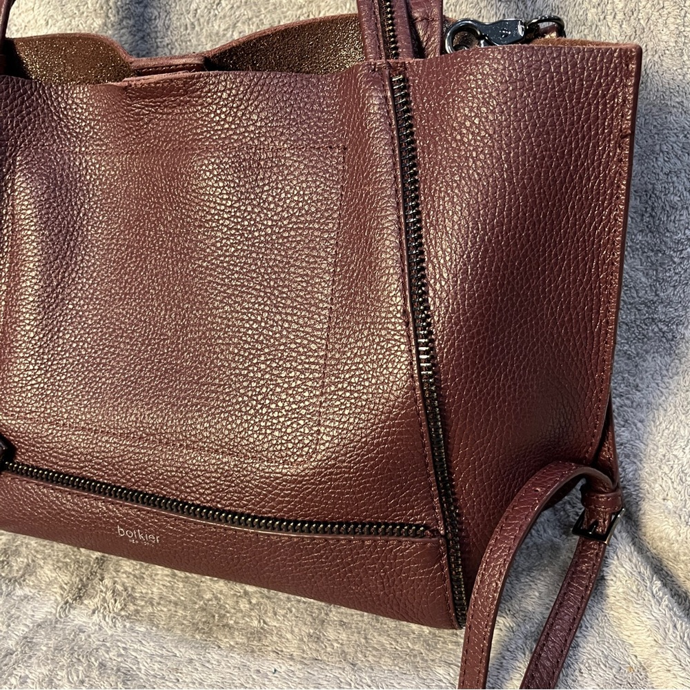 BOTKIER LEATHER SOHO EXPOSED ZIP TRIM TOTE SHOULDER BAG Wine With Crossbody - Picture 4 of 10